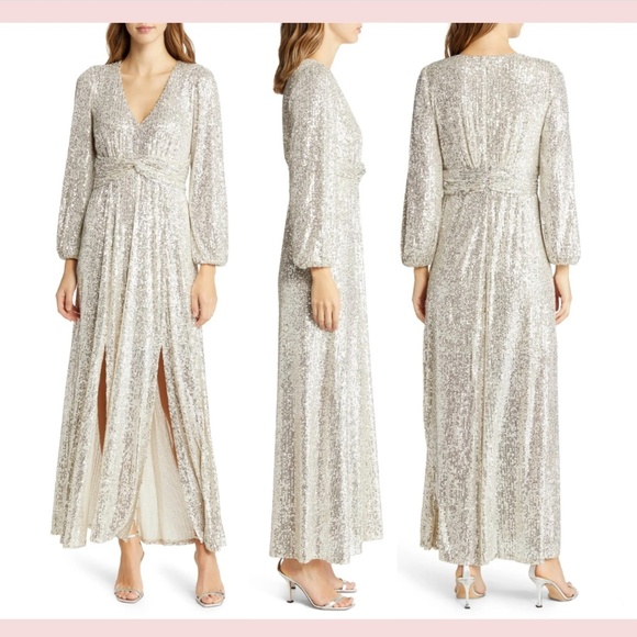 NEW $228 Pisarro‎ Nights [ 18 ] Sequin Long Sleeve A-Line Gown Cream/Silver